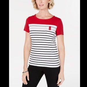KAREN SCOTT SPORT CARMEN STRIPED BUTTON TRIM TOP
